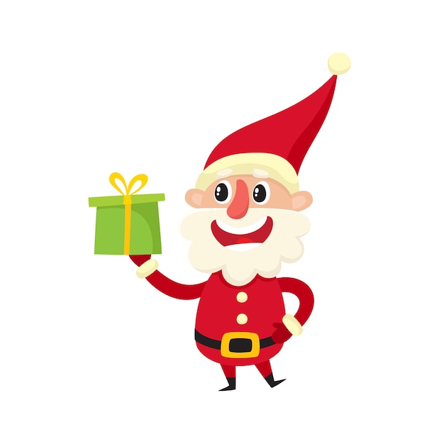 Cartoon  illustration of cute happy smiling Santa Claus with gift isolated on white.