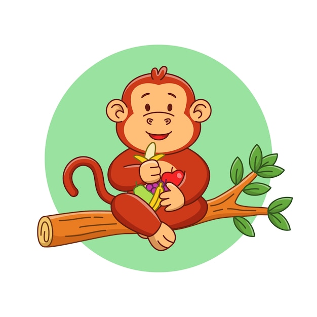 Cartoon illustration of cute monkey eating fruits