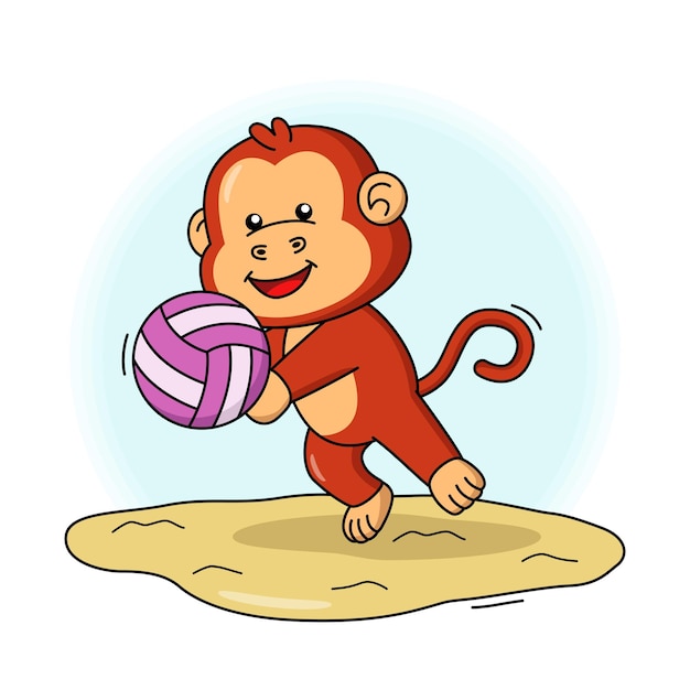 Cartoon illustration of cute monkey playing volleyball