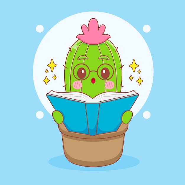 cartoon illustration of cute nerd cactus character with glasses reading a book