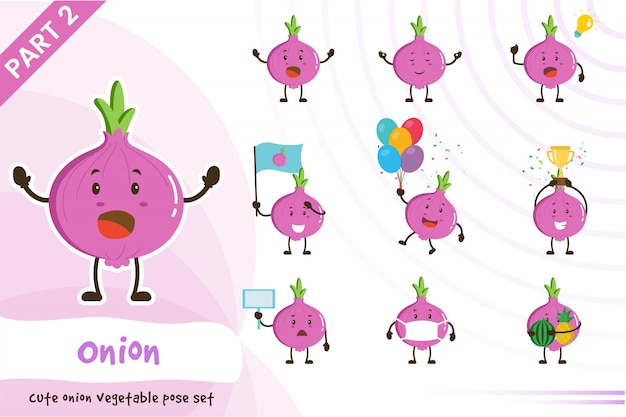 Cartoon illustration of cute onion vegetable set