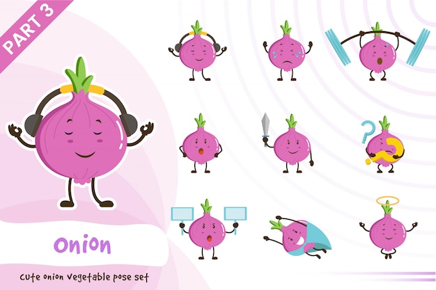  cartoon illustration of cute onion vegetable set