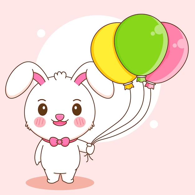 Cartoon illustration of cute rabbit holding balloons