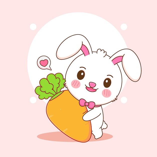 Cartoon illustration of cute rabbit holding big carrot