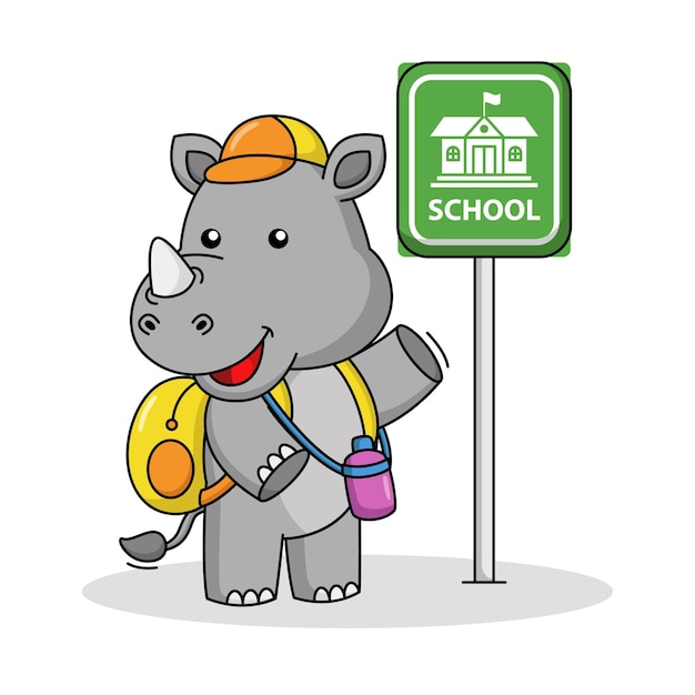 Cartoon illustration of cute rhino going to school