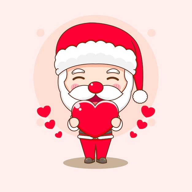 Vector cartoon illustration of cute santa claus with love heart chibi character