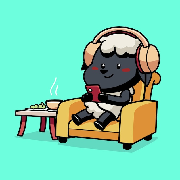 Vector cartoon illustration of cute sheep wear a headphone sitting in the chair while playing with a smartphone and listening music