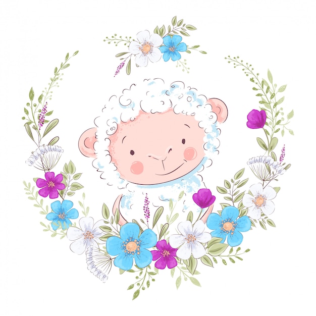 Vector cartoon illustration of a cute sheep in a wreath of blue and purple flowers