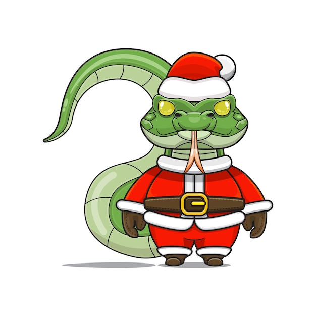 Cartoon illustration of cute snake mascot wearing santa costume