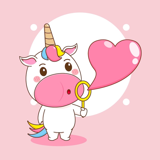 cartoon illustration of cute unicorn blowing love bubble