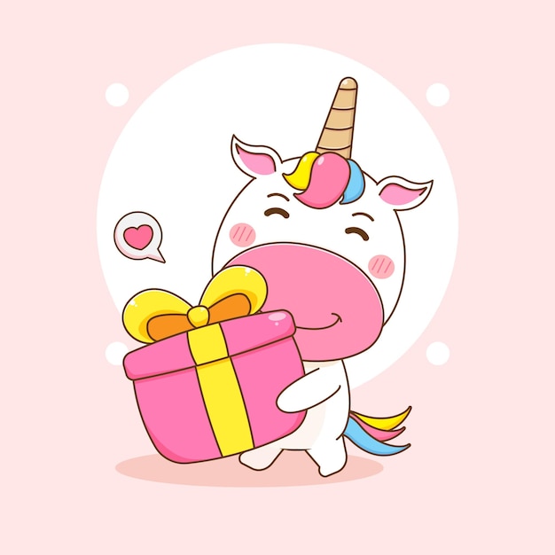 cartoon illustration of cute unicorn character holding gift box