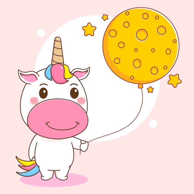 cartoon illustration of cute unicorn character holding moon balloon