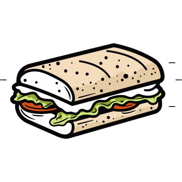 A cartoon illustration of a delicious sandwich with lettuce tomato and cheese