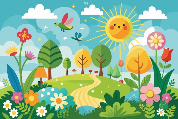 Vector a cartoon illustration depicting a bright sunny day in a forest the scene features trees flowers a winding path and a smiling sun