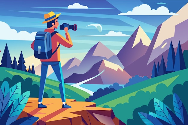 Vector a cartoon illustration depicting a man with a backpack standing on a cliff overlooking a breathtaking mountain range he is holding a camera capturing the beauty of the landscape