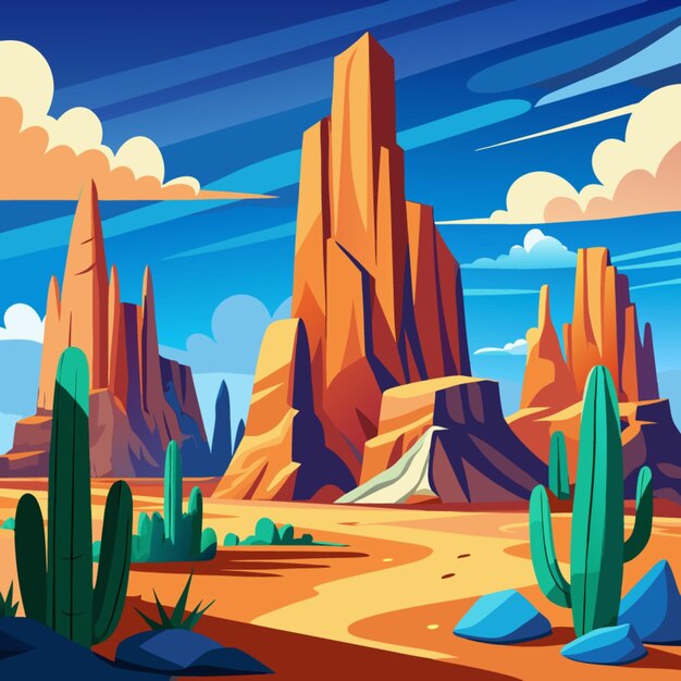 a cartoon illustration of a desert with cactus and desert in the background