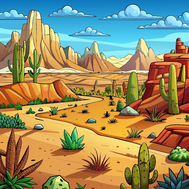 a cartoon illustration of a desert with cactus and mountains