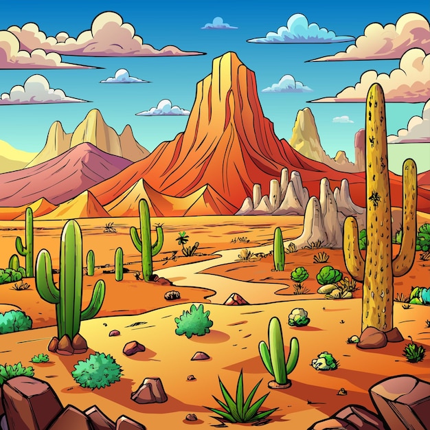 a cartoon illustration of desert with cactus and mountains