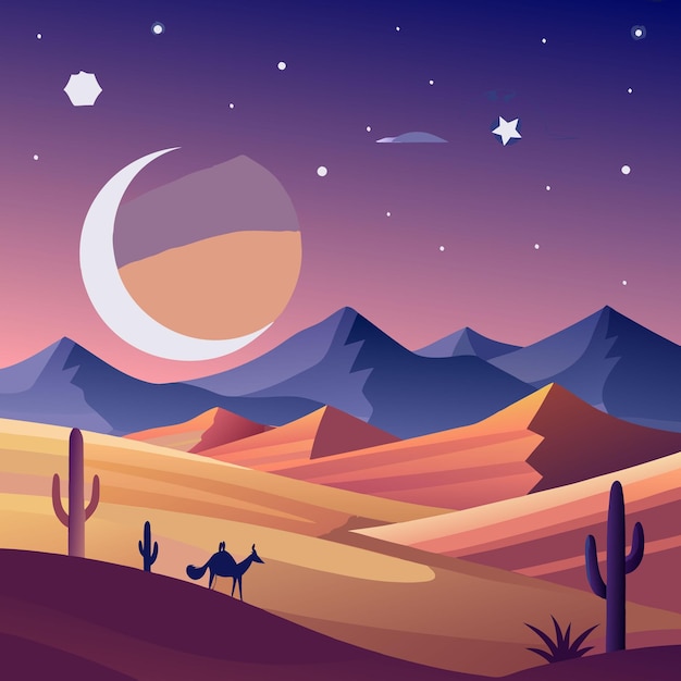 a cartoon illustration of desert with mountains and a moon