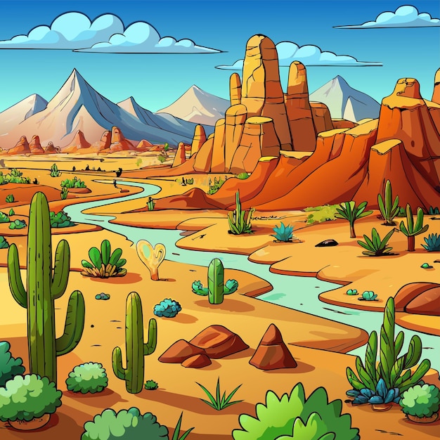 a cartoon illustration of a desert with a river and mountains