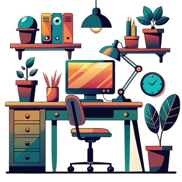 A cartoon illustration of a desk with a computer chair lamp clock and plants on a white background