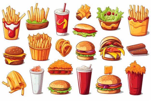 a cartoon illustration of different types of food including fast food and drinks