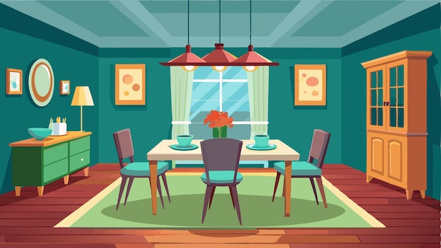 a cartoon illustration of a dining room with a table and chairs