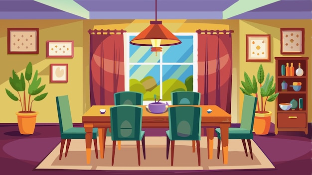 a cartoon illustration of a dining room with a table and chairs