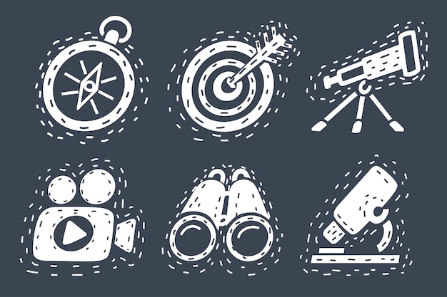 Cartoon illustration of discovery icon set Telescope Search Binoculars Microscope Compass Video Camera Hand drawn object on dark background