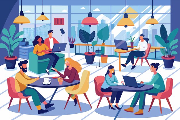 Vector a cartoon illustration of diverse office workers collaborating using laptops and enjoying coffee breaks in a bright modern openplan office