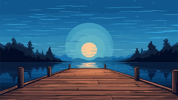 Vector a cartoon illustration of a dock with a full moon in the background