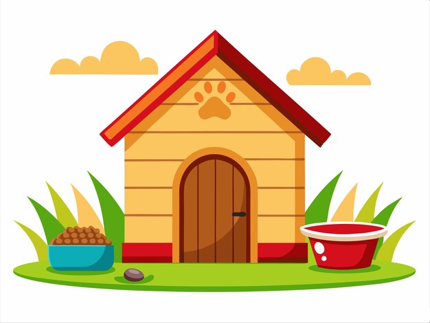 Vector a cartoon illustration of a dog house with a bowl of nuts and a bowl of dog food