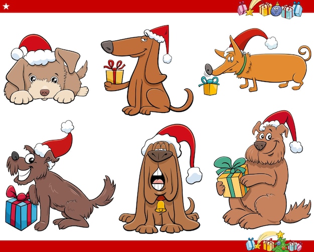 Cartoon illustration of dogs animal characters on Christmas Time set