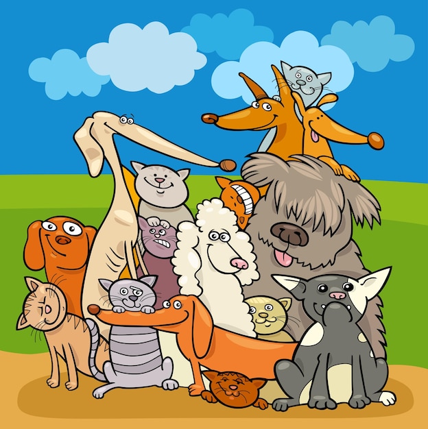 Cartoon illustration of dogs and cats animal characters group