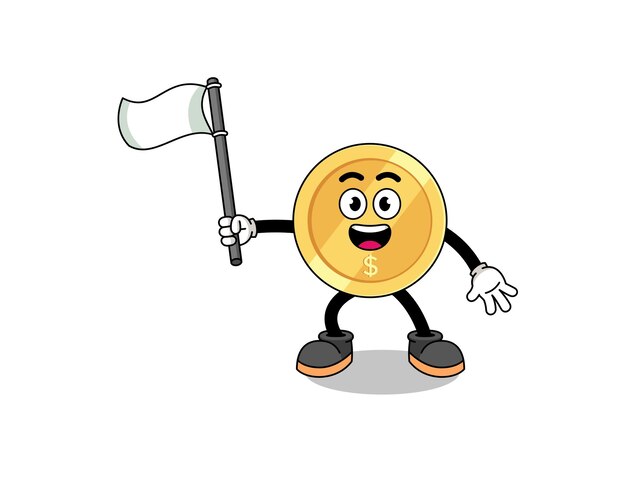 Cartoon Illustration of dollar coin holding a white flag character design