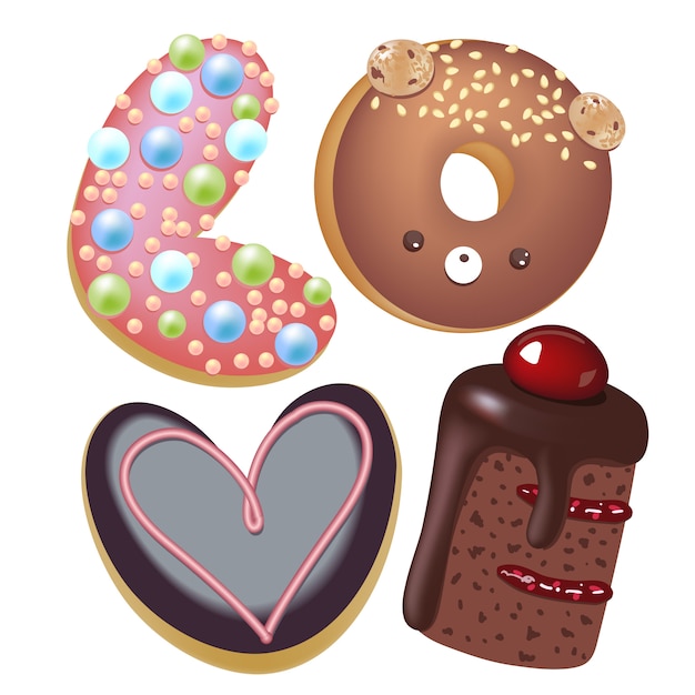 Cartoon  illustration donut. Hand drawn word LOVE sweet bun. Actual Creative art work bake