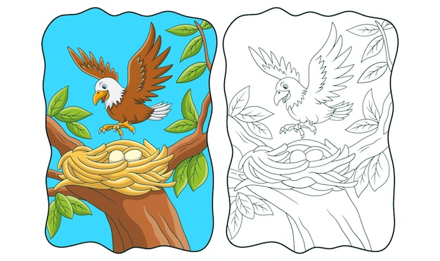 Cartoon illustration the eagle perched on its nest in the tree book or page for kids