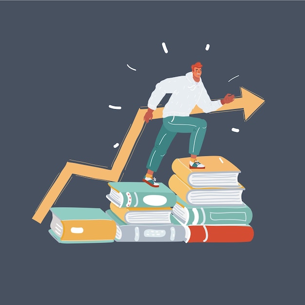 Cartoon illustration of education success Man step man on stack of books on dark background Training growth education concept