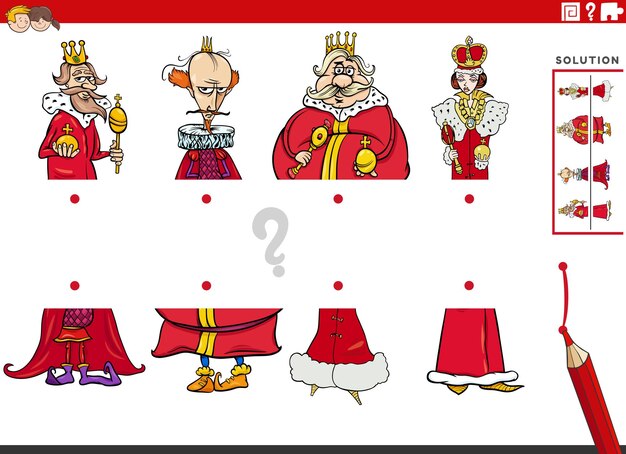 Cartoon illustration of educational task of matching halves of pictures with king characters