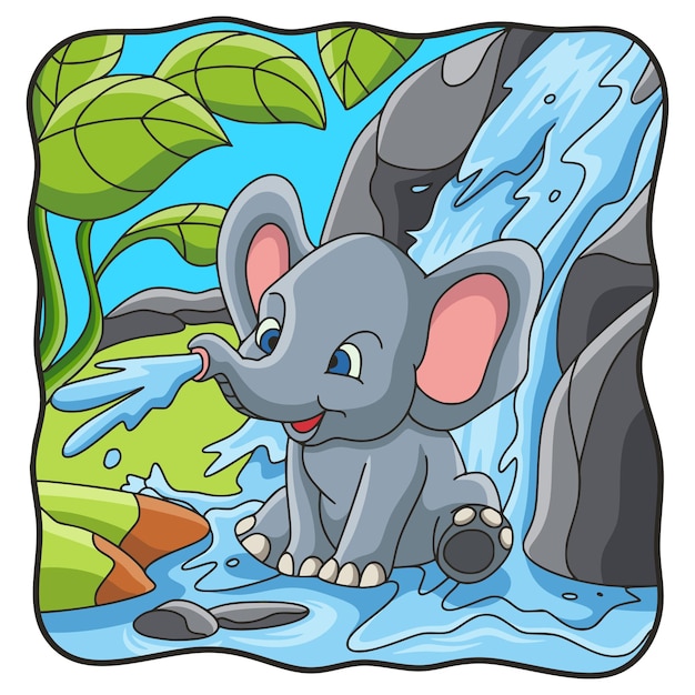 Cartoon illustration elephant playing water in the waterfall