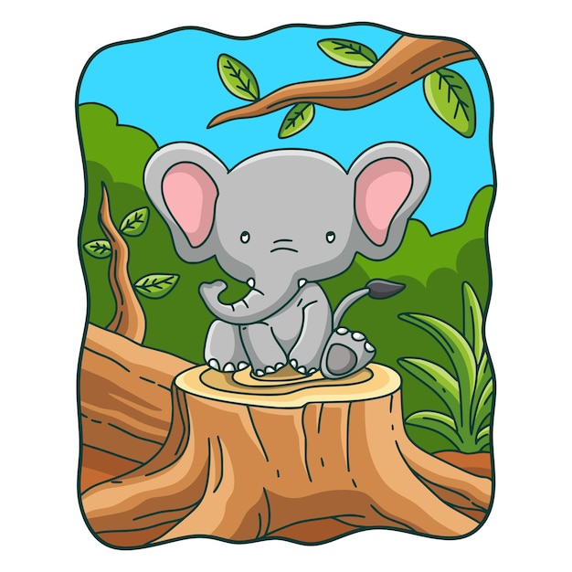 Cartoon illustration elephant sitting on a tree that has been cut down