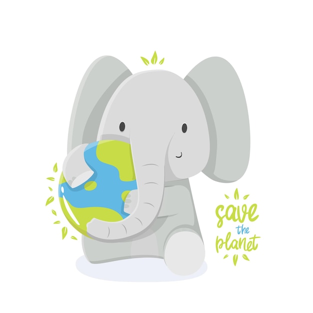 Cartoon illustration of an elephant with earth in support of ecology save the planet