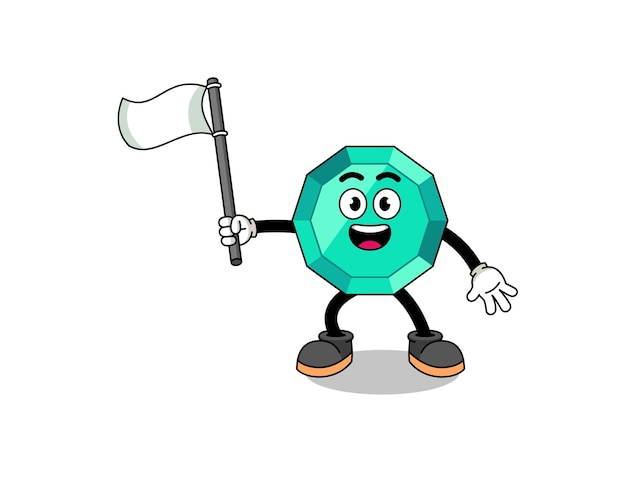 Cartoon Illustration of emerald gemstone holding a white flag