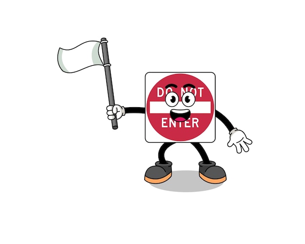 Cartoon Illustration of do not enter road sign holding a white flag