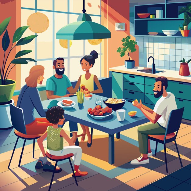 a cartoon illustration of a family eating food in a kitchen