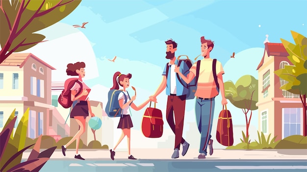 Vector a cartoon illustration of a family going to school