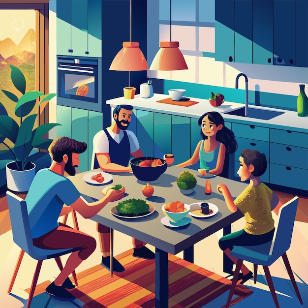 a cartoon illustration of a family having a meal in a kitchen