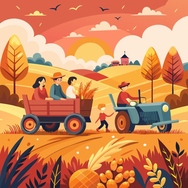 Vector a cartoon illustration of a family riding a tractor with a child in the back