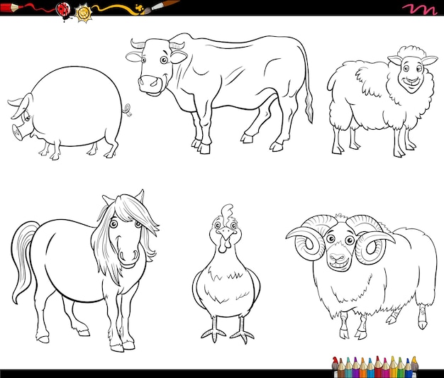 cartoon illustration of farm animal comic characters set coloring book page