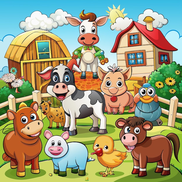 Vector a cartoon illustration of a farm with cows and a barn with a cow in the background